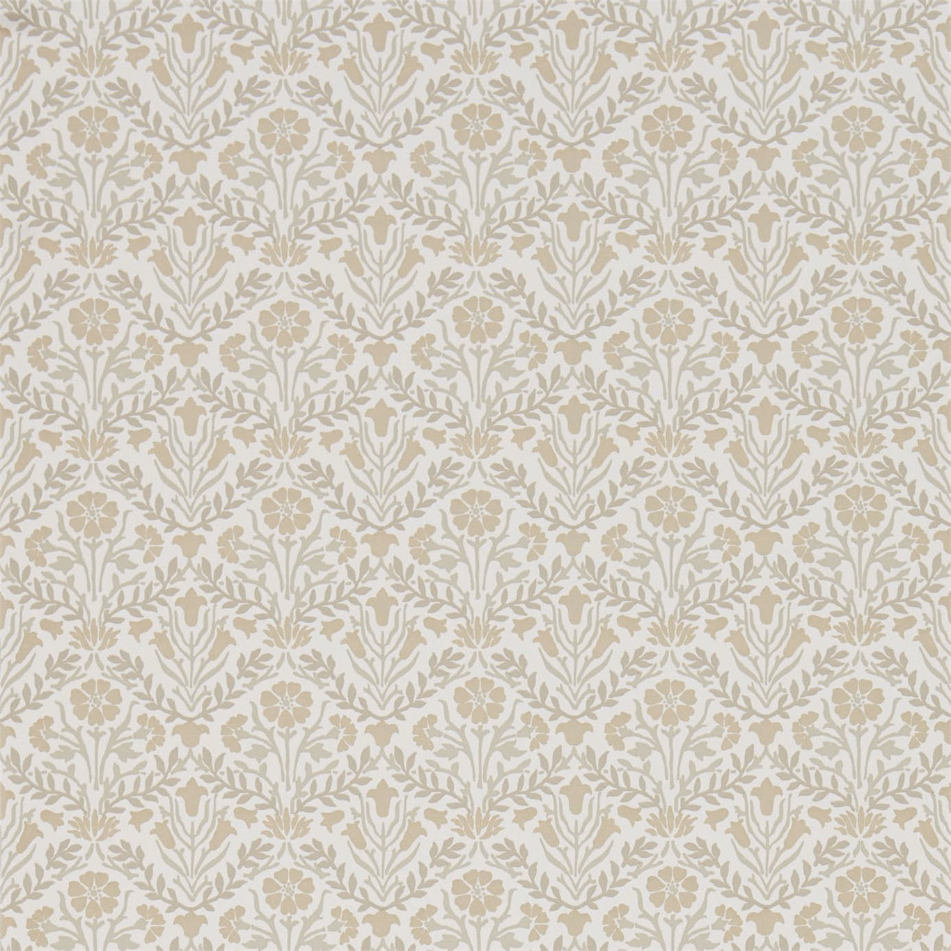 Cream wallpaper with repeating muted taupe bellflowers, leafy stems and small rosette motifs
