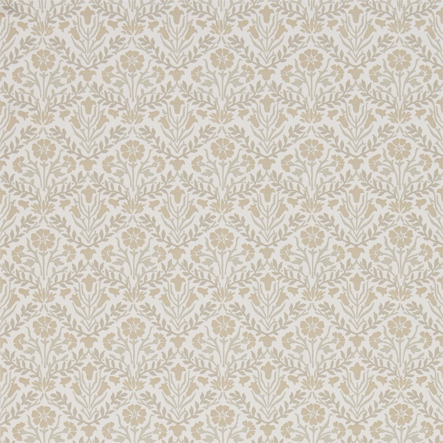Cream wallpaper with repeating muted taupe bellflowers, leafy stems and small rosette motifs
