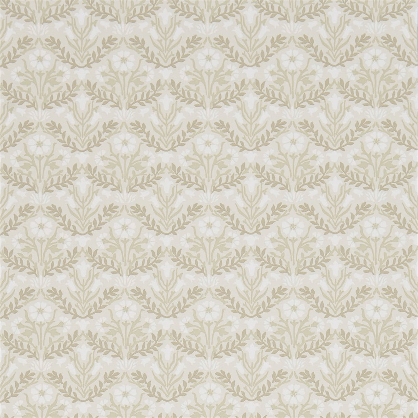 Pale manilla wallpaper with repeating muted olive bellflower sprays and leafy botanical branches