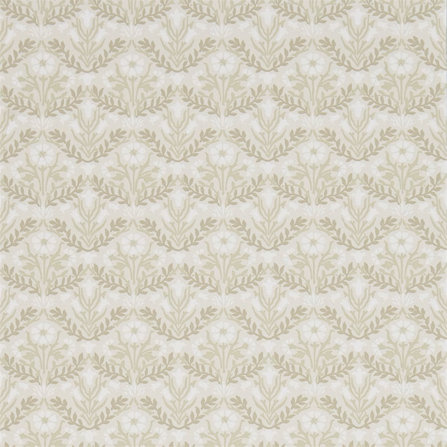 Pale manilla wallpaper with repeating muted olive bellflower sprays and leafy botanical branches