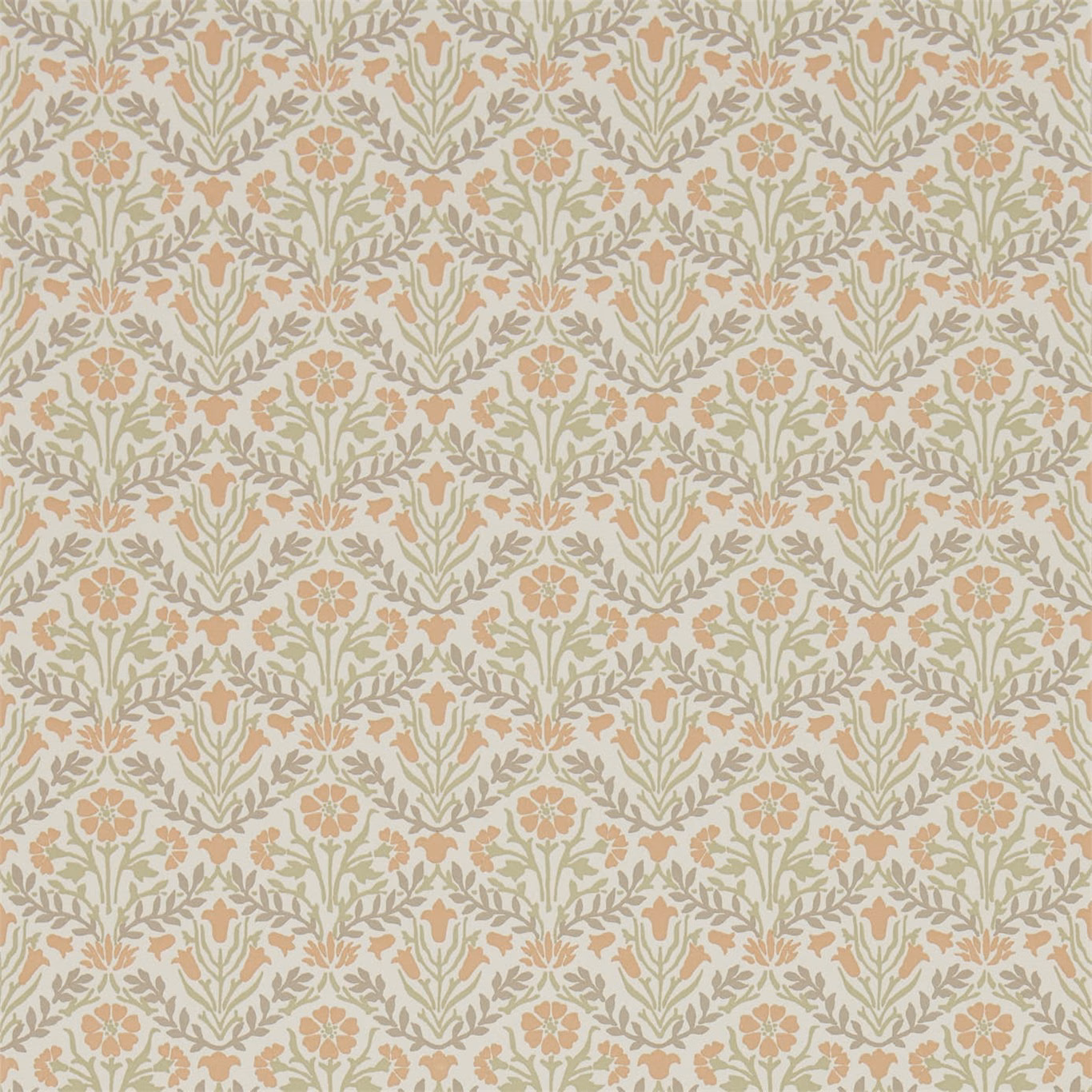 Ivory wallpaper with muted olive foliage and saffron-apricot bellflower motifs