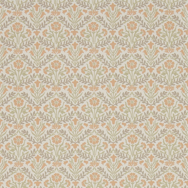 Ivory wallpaper with muted olive foliage and saffron-apricot bellflower motifs