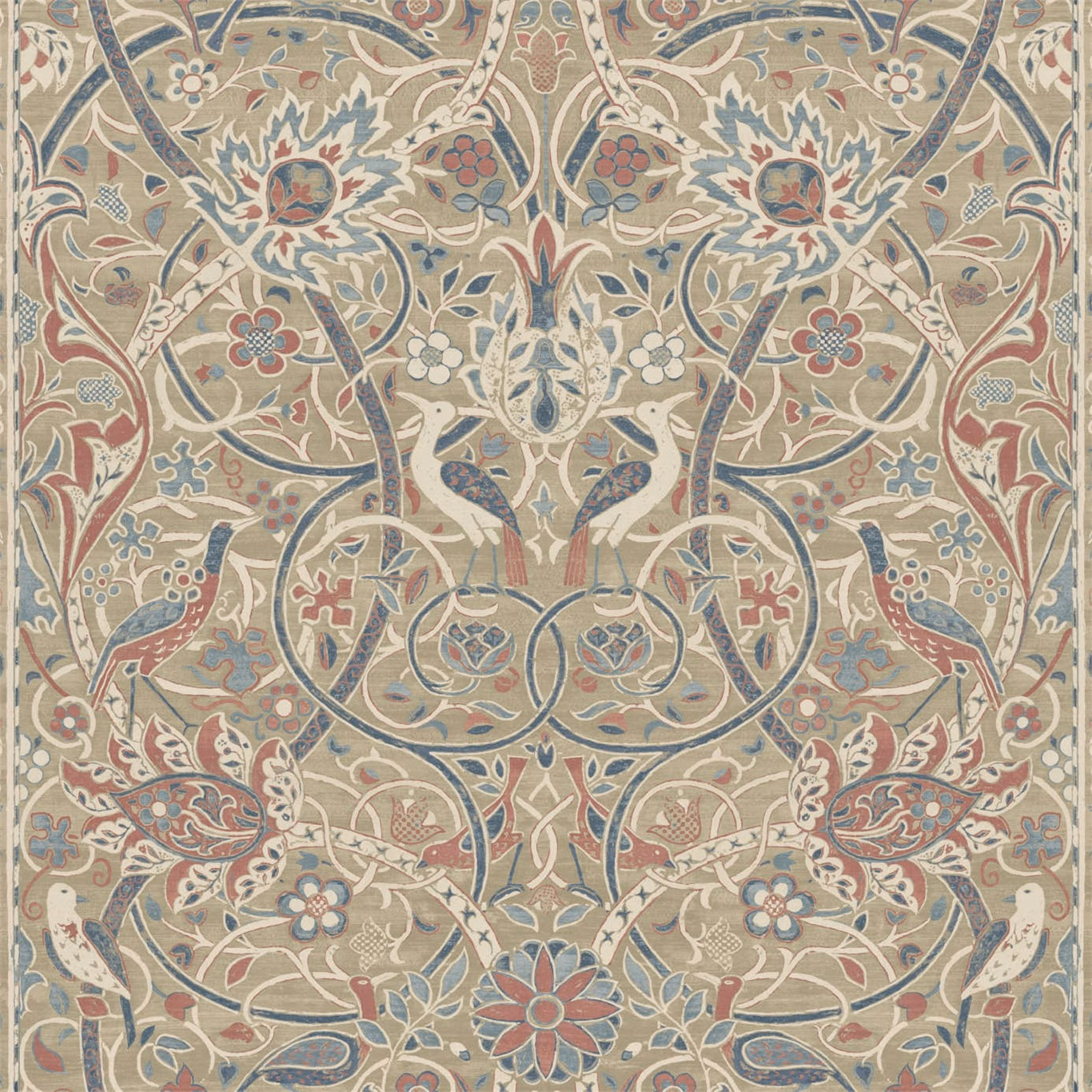 Warm manilla wallpaper with dusty blue vines, spice flowers and paired birds