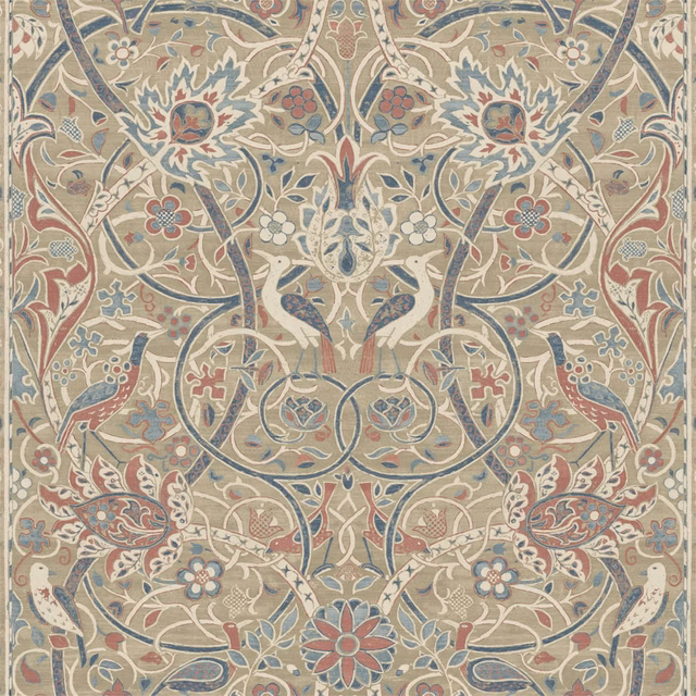 Warm manilla wallpaper with dusty blue vines, spice flowers and paired birds