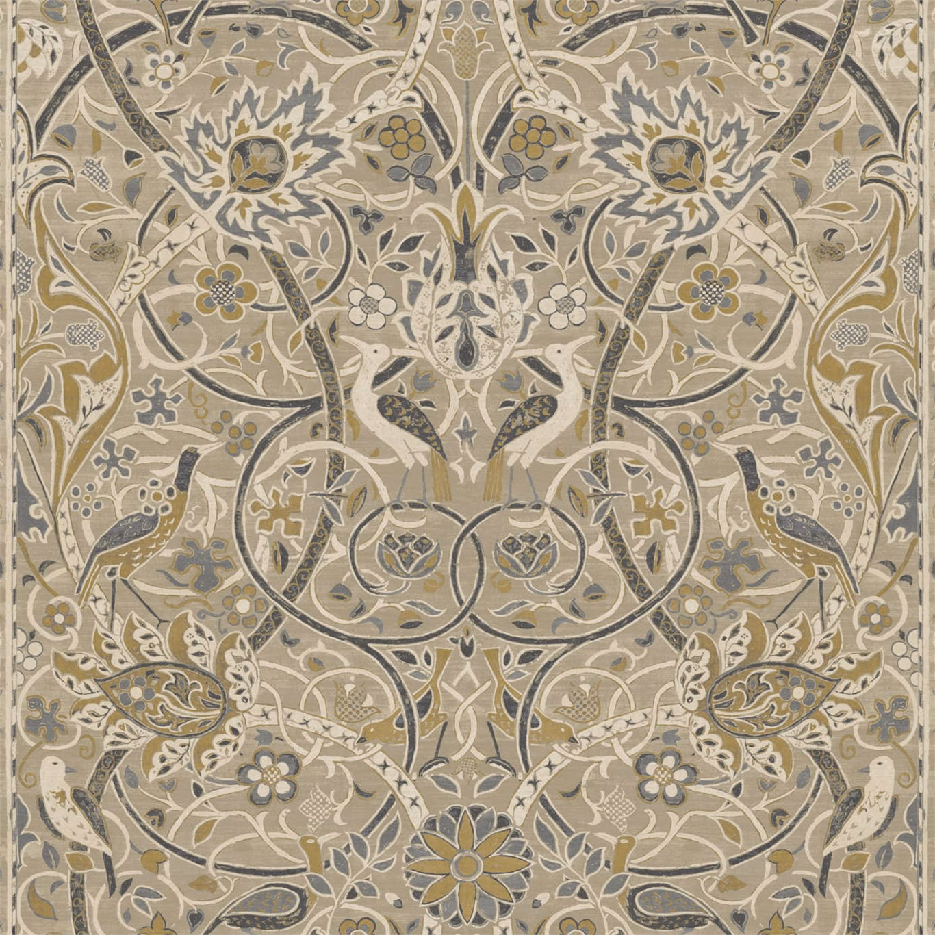 Stone and mustard wallpaper with symmetrical vines, stylised birds and floral medallions