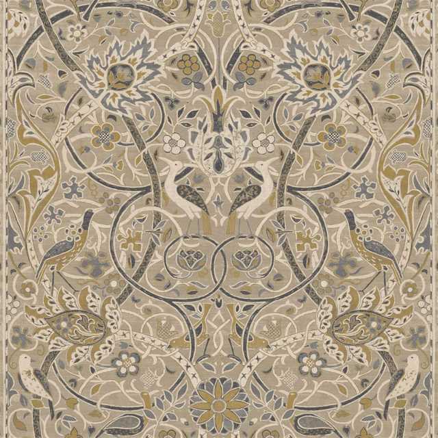 Stone and mustard wallpaper with symmetrical vines, stylised birds and floral medallions