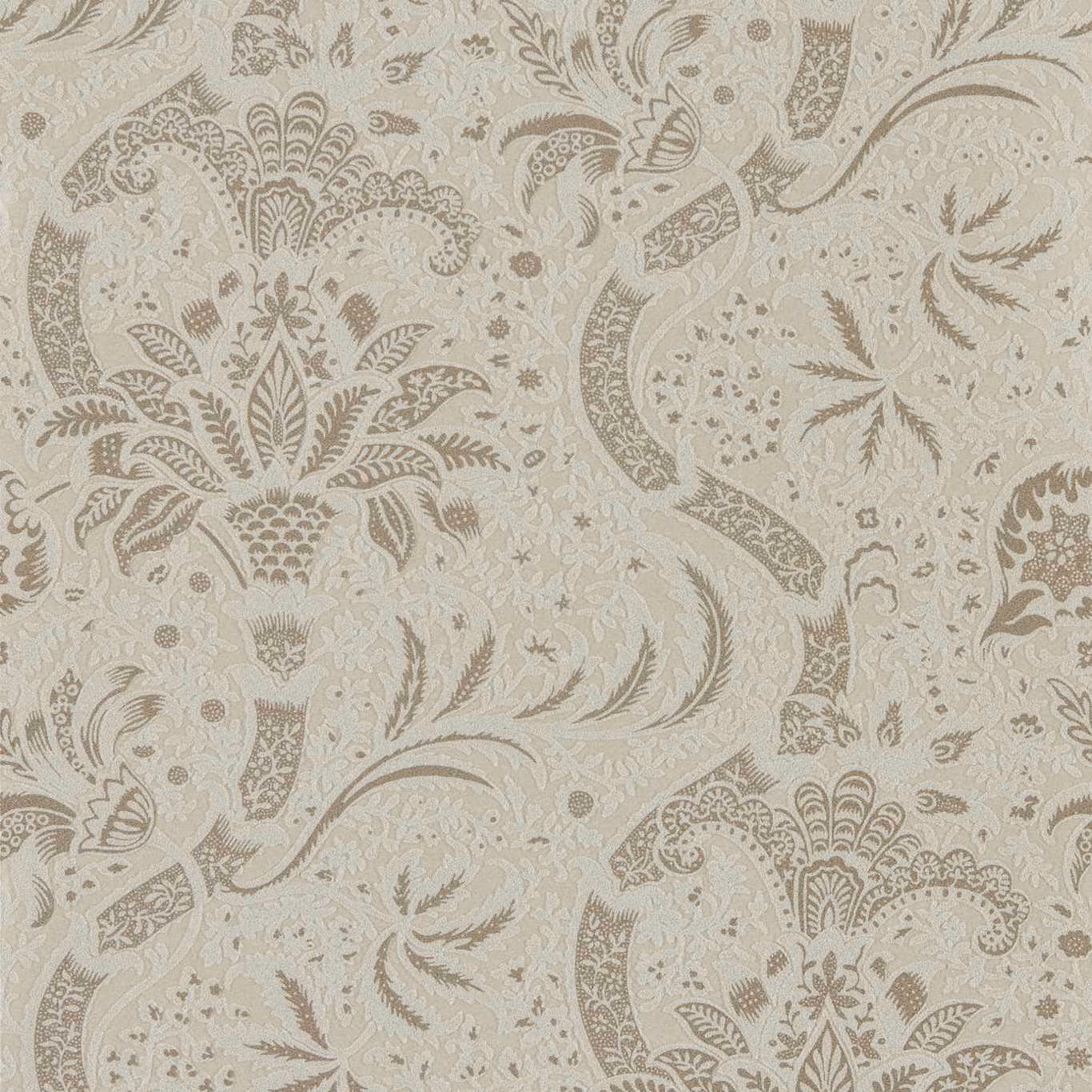 Pale stone wallpaper with taupe botanical paisley scrolls, fan flowers and fine foliage