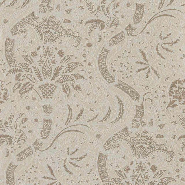 Pale stone wallpaper with taupe botanical paisley scrolls, fan flowers and fine foliage