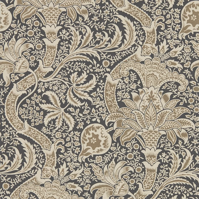 Charcoal-grey wallpaper with nickel acanthus, paisley and stylised floral motifs