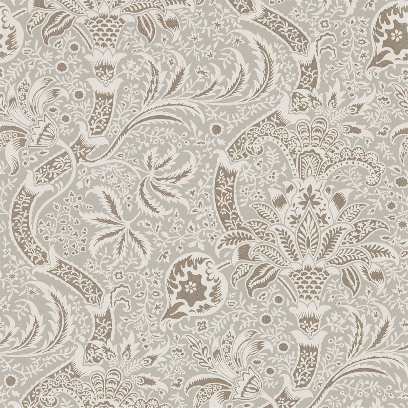 Cool grey wallpaper with ivory paisleys, curling foliage and intricate pewter botanicals