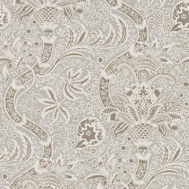 Cool grey wallpaper with ivory paisleys, curling foliage and intricate pewter botanicals