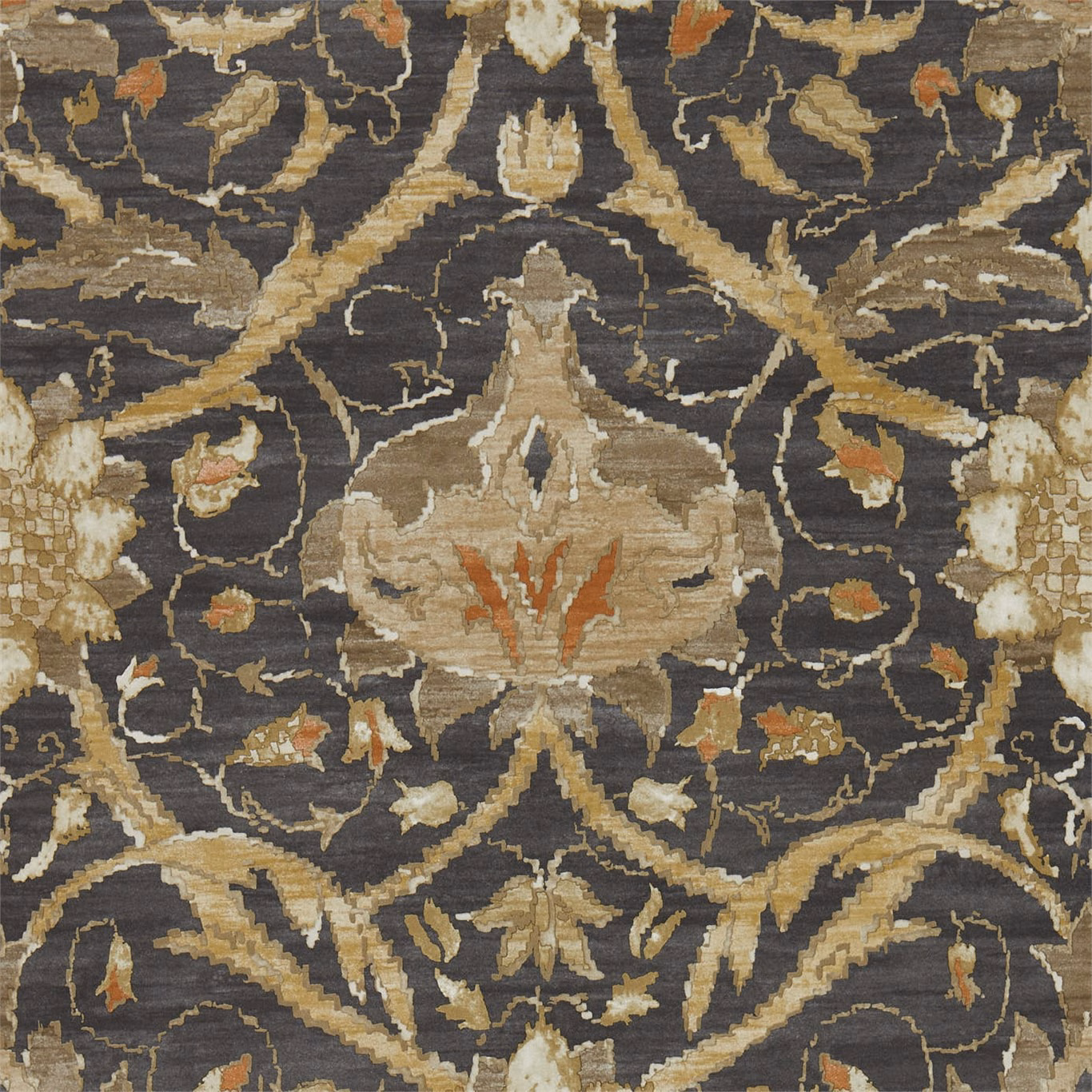 Charcoal wallpaper with bronze scrolling vines, central floral motif and muted rust accents