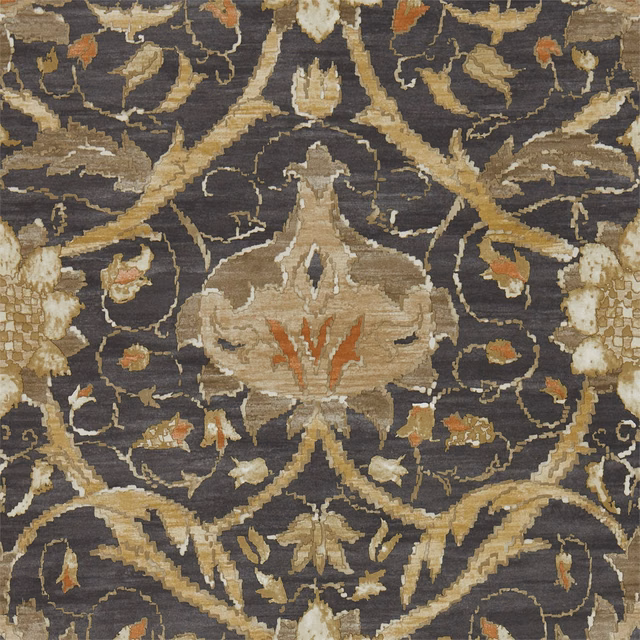 Charcoal wallpaper with bronze scrolling vines, central floral motif and muted rust accents