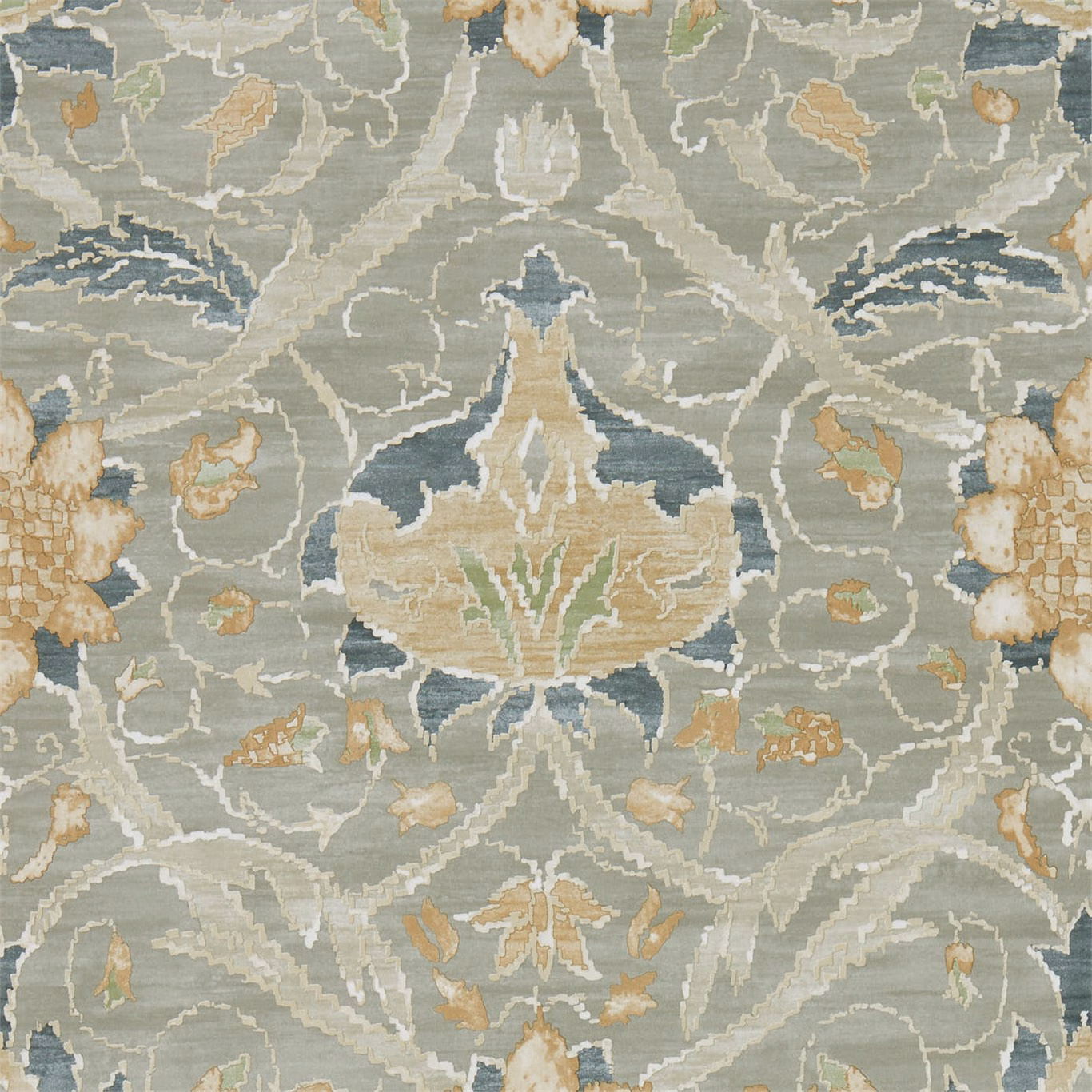Cool grey botanical wallpaper with charcoal petals, cream foliage and ochre floral accents