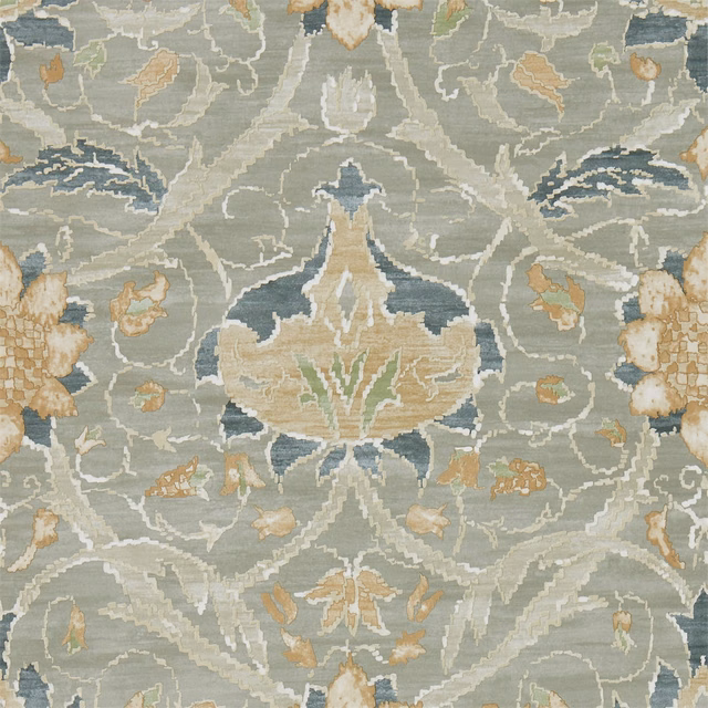 Cool grey botanical wallpaper with charcoal petals, cream foliage and ochre floral accents