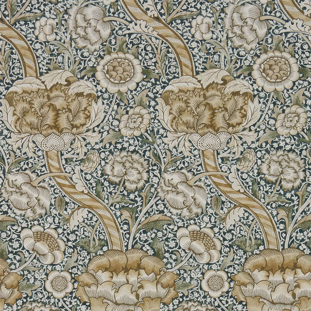 Dense forest-green floral wallpaper with cream blooms and mustard scrolling stems