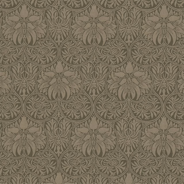 Muted moss woven ground with biscuit floral medallions and scrolling foliage