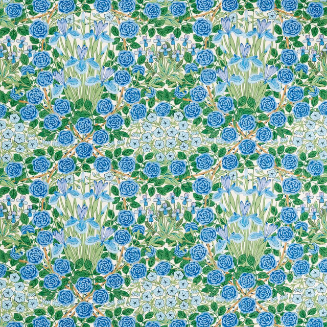 Dense peacock-blue roses, pale campanula, green leaves and opal ground