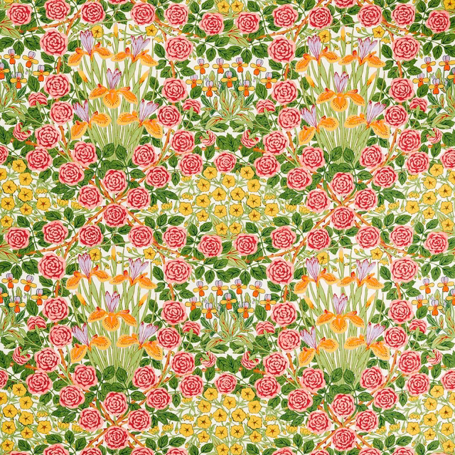 Cream floral textile with raspberry roses, orange blooms, yellow flowers and green foliage