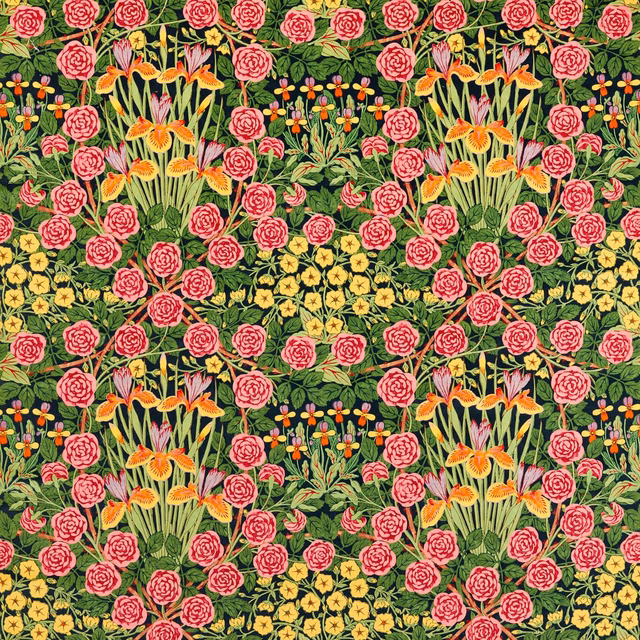 Ebony velvet covered in pink roses, yellow flowers, orange blooms and green foliage
