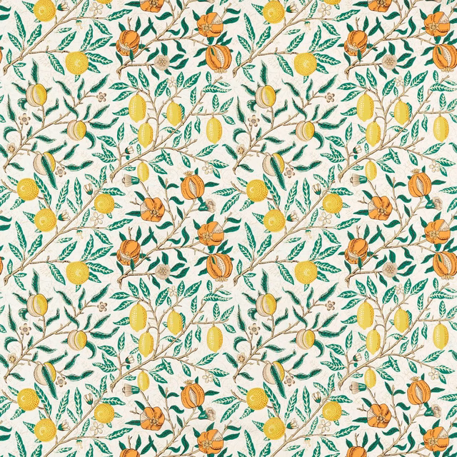 Cream botanical fabric with sap-green branches, yellow fruit and tangerine pods