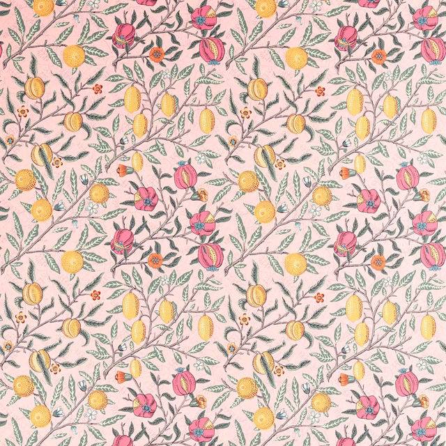 Blush pink textile with yellow fruit, berry flowers and trailing leafy vines