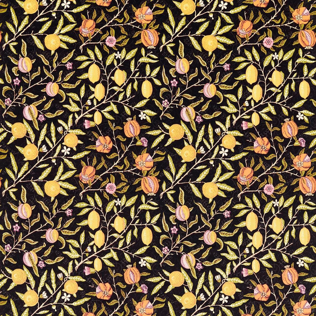Near-black velvet with yellow lemons, coral fruit, pink blooms and curling green foliage