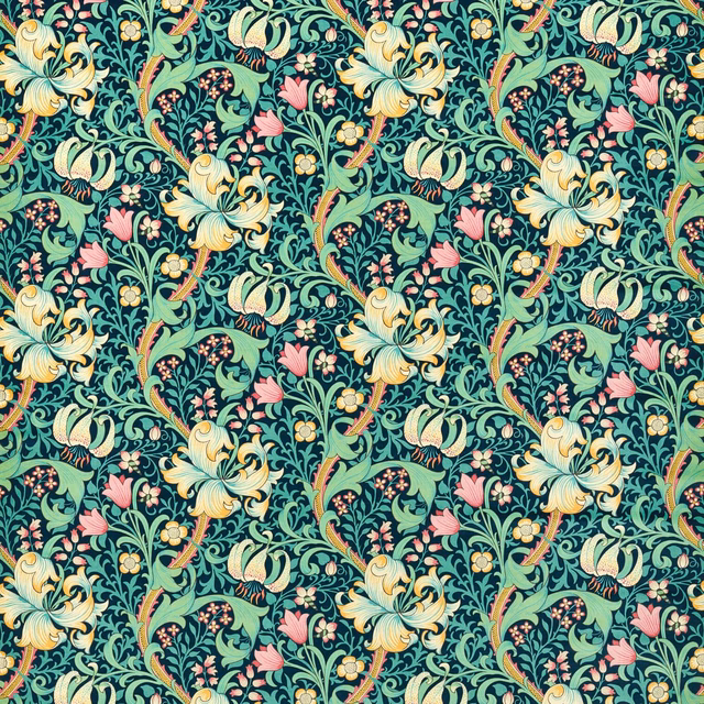 Ink-teal velvet with golden lilies, curling foliage and pink floral accents
