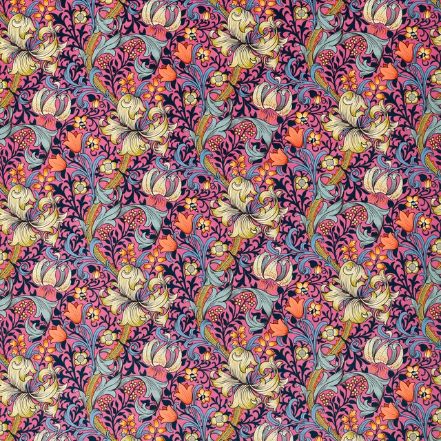 Serotonin pink velvet with pale lilies, coral blooms and blue-green curling foliage