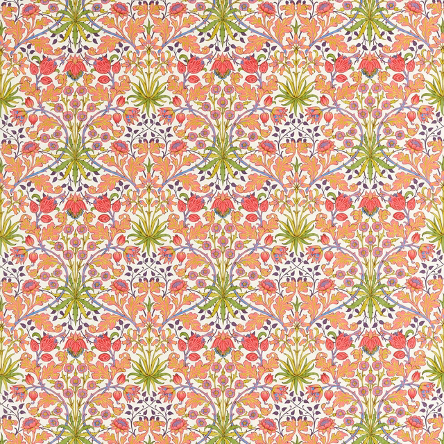 Cream-ground floral lattice with coral blossoms, olive bursts and fine mauve detail