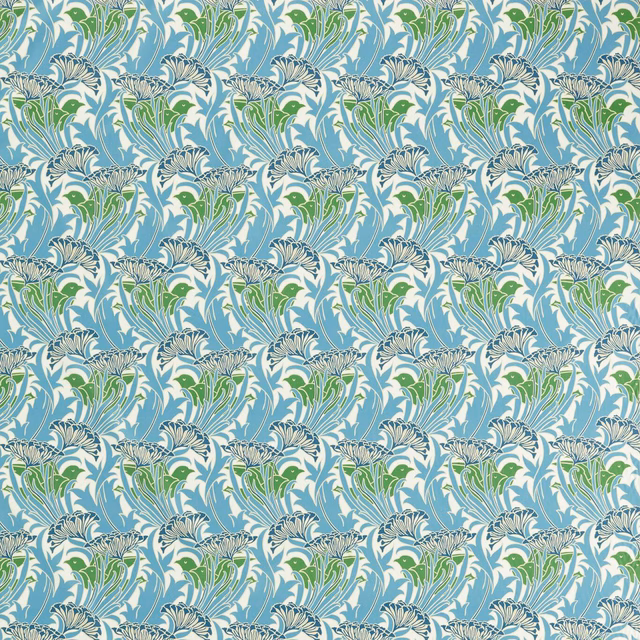 Cool lagoon-blue fabric with green leaves and sweeping blue-grey floral sprays in a tight repeat