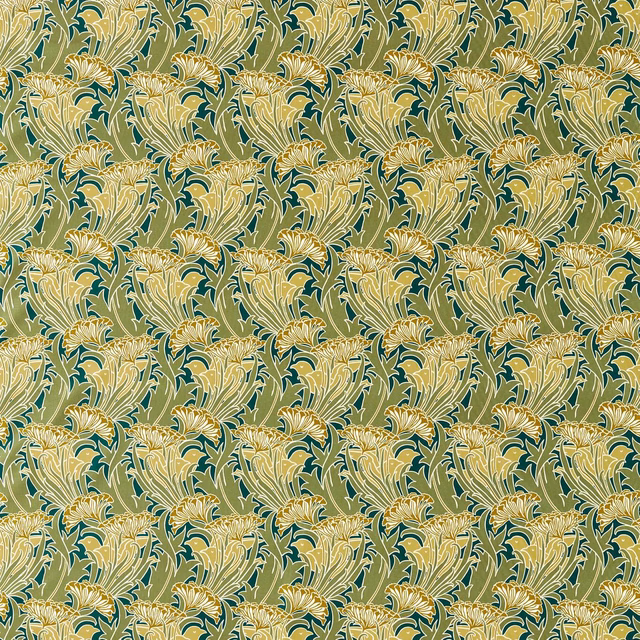Pistachio and lichen-green floral fabric with pale leafy sprays and yellow highlights