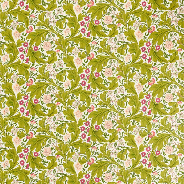 Sour green scrolling foliage with plum flowers on an ivory botanical fabric ground