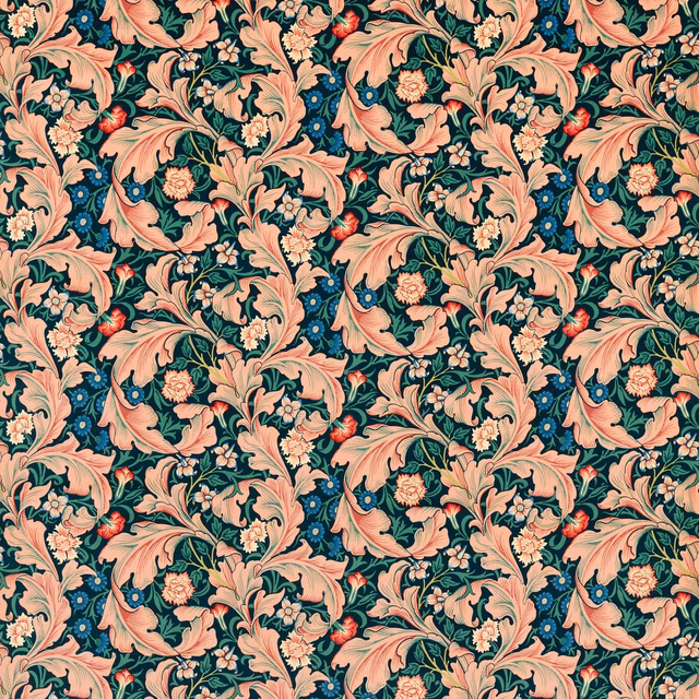 Coral and cream scrolling florals on a deep indigo velvet ground