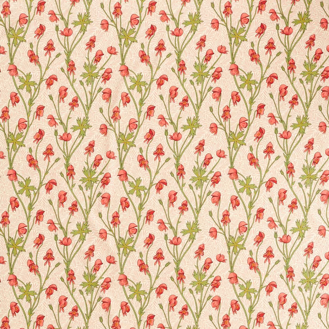 Warm cream fabric with olive stems and small rhubarb-red bell flowers