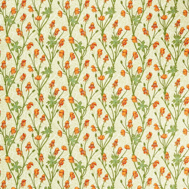 Cream floral fabric with tangerine flowers and sage-green winding stems
