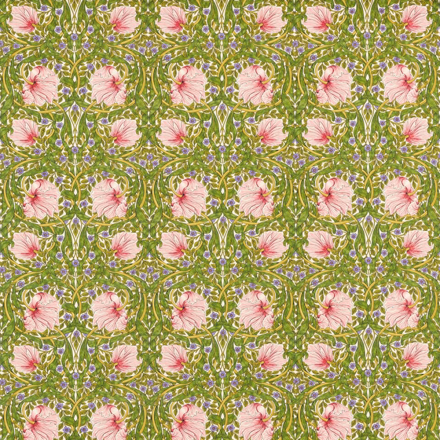 Sap green floral fabric with pink flowers, violet buds and curling leafy stems