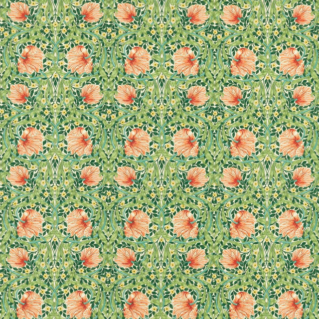 Shamrock green floral fabric with coral watermelon blooms and curling cream foliage