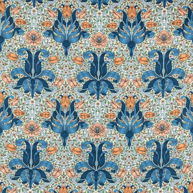 Deep blue botanical flowers with peach blossoms on a pale blue-green ground
