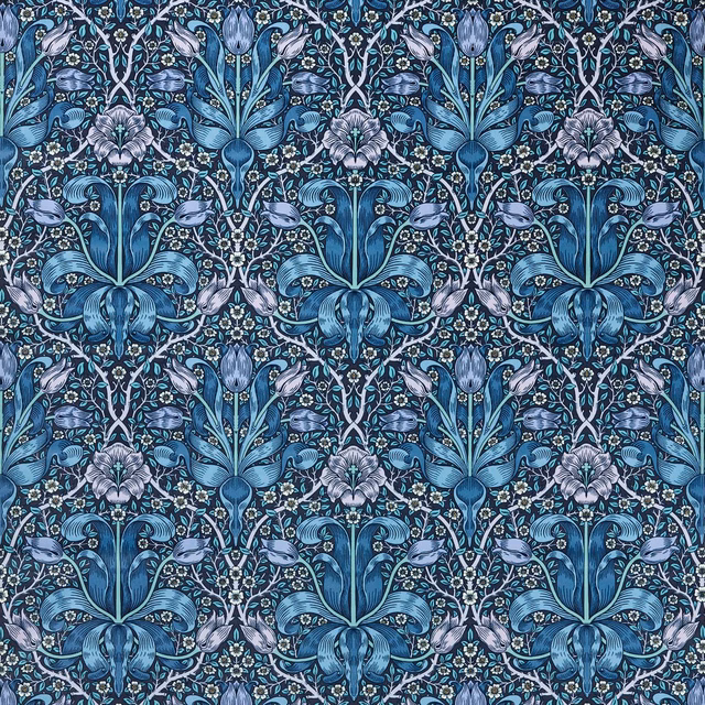 Dense midnight-blue botanical velvet with lilac flowers and softly lustrous blue leaves