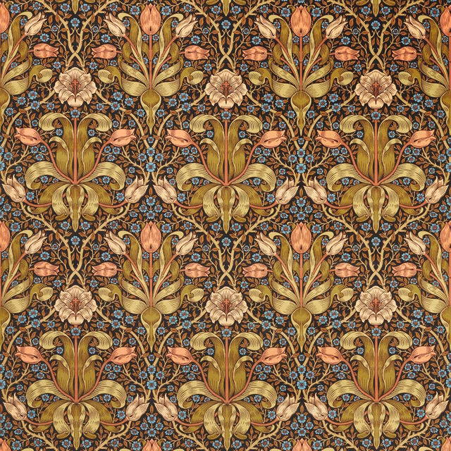 Olive velvet with coral tulips, cream blooms and blue-black scrolling vines
