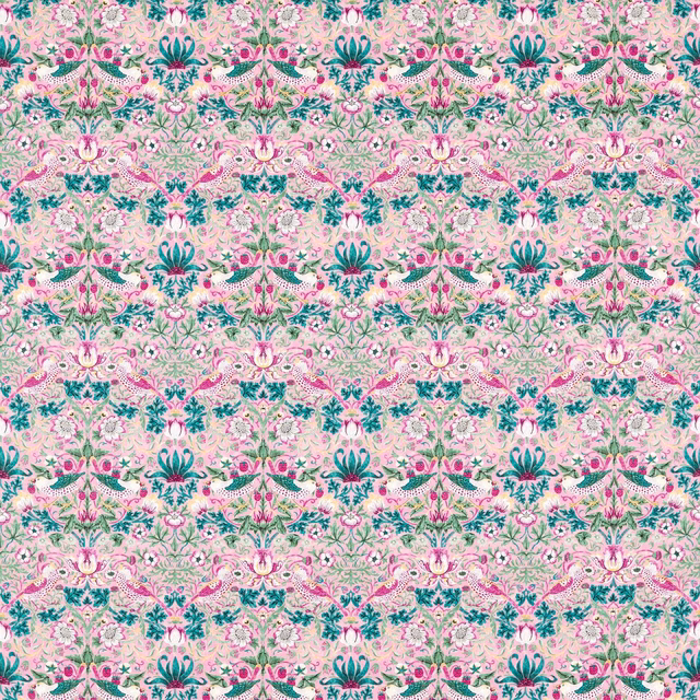 Pale pink floral fabric with teal foliage, green leaves and berry-pink blossoms