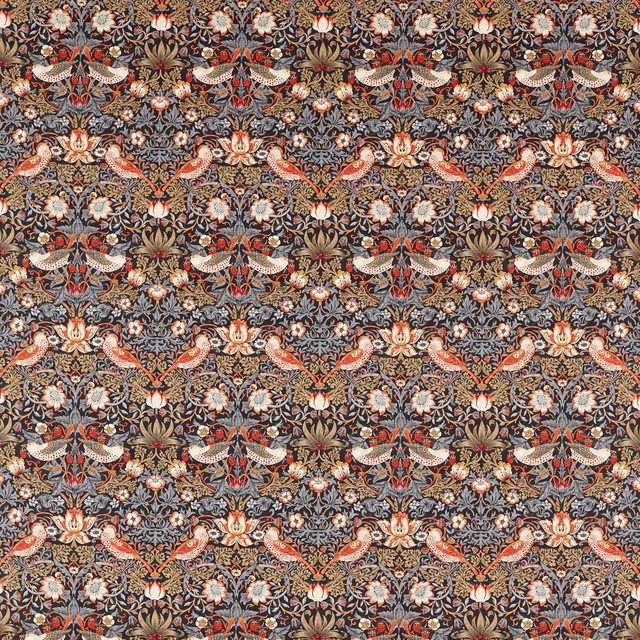 Charcoal Strawberry Thief fabric with coral birds, olive leaves and cream flowers