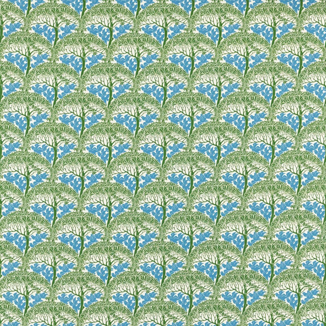 Cool sage-green fabric with blue leafy clusters and repeating branching botanical motifs