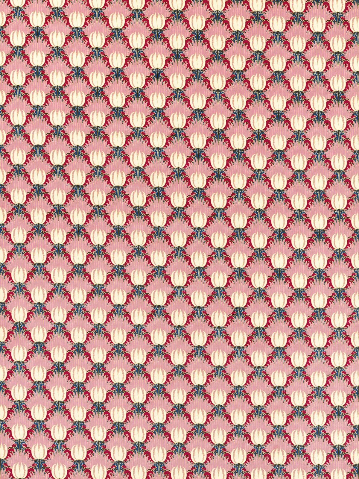 Blush pink velvet with cream tulips, teal foliage and burgundy accents in a small repeat