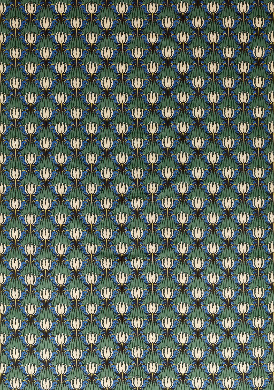 Deep green velvet with cream tulips, dark birds and blue-green foliage