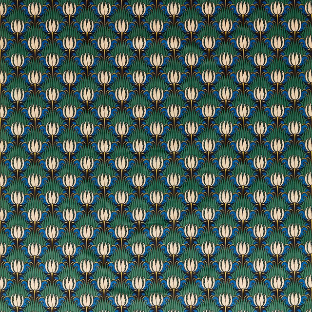 Deep green velvet with cream tulips, dark birds and blue-green foliage