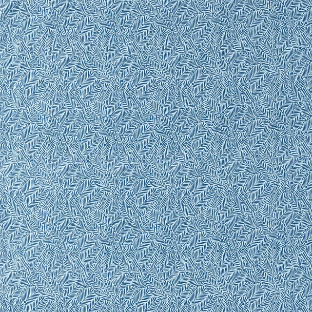 Muted indigo fabric with dense pale blue botanical leaf marks and fine texture