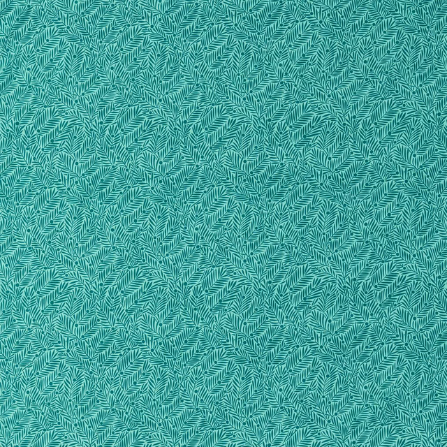 Muted teal textile with dense pale leaf-like strokes and a softly woven surface