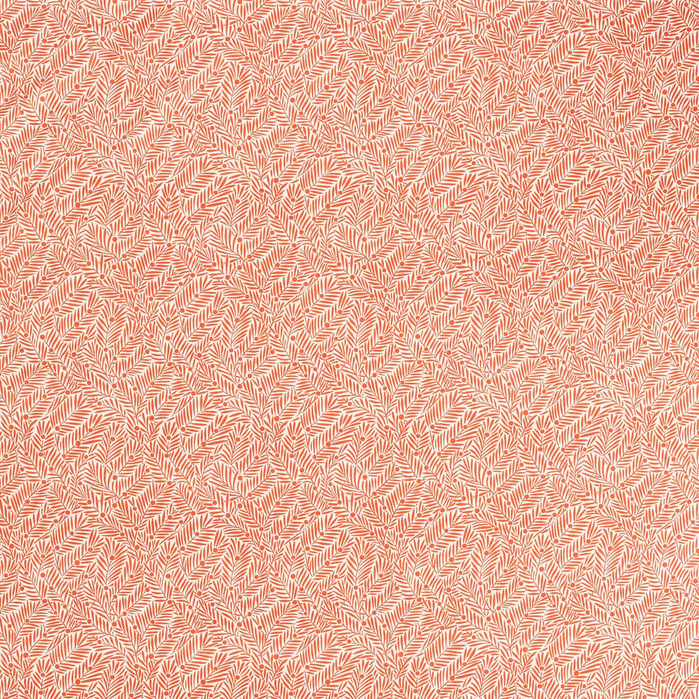 Warm watermelon-coral fabric with dense cream fern-like sprigs in a fine all-over pattern